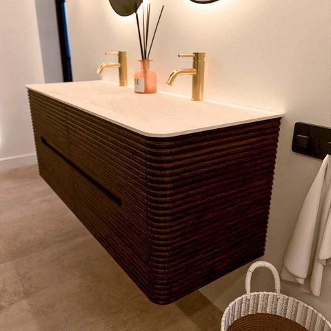 Mondiaz CIRO-DLUX Ensemble de meubles de salle de bains - 130x45x50cm - vasque solid surface Meli - 2 bassins Double - 2 trous de robinet - 4 tiroirs - Noyer SW1530497
