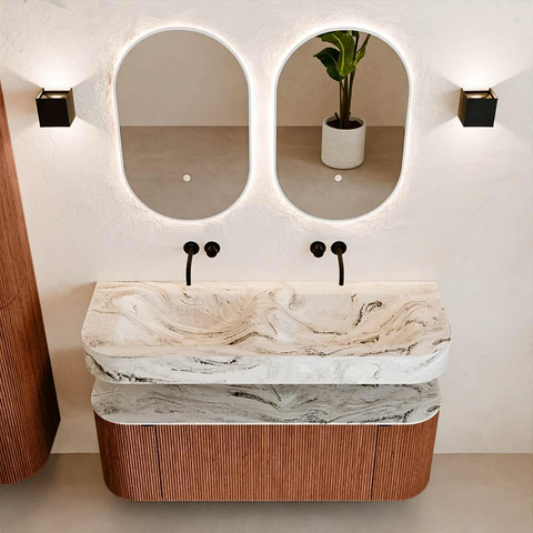 MONDIAZ THOR-DLUX 130cm meuble de salle de bains arrondi gauche + droite couleur Ruby avec 1 tiroir et 2 portes. Vasque suspendue CLOUD Double sans trou de robinet couleur Glace. SW1463757