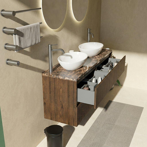 Saniclass Holz Atelier Badkamermeubelset - 140x45x63cm - Noche natuurstenen topblad dark emperador - 2 kraangaten - 4 lades - mat eiken charcoal (hout) SW1478309
