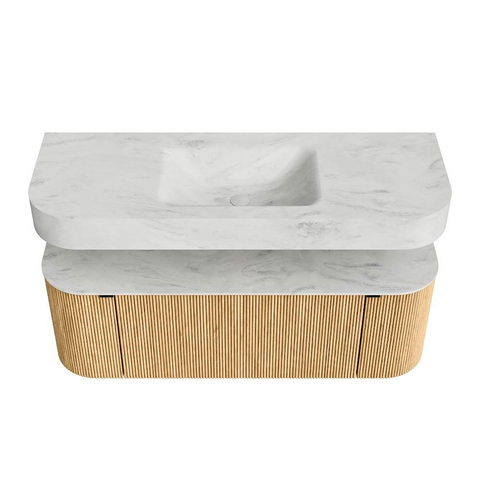 MONDIAZ THOR-DLUX 130cm meuble de salle de bains arrondi gauche + droite couleur Oak avec 1 tiroir et 2 portes. Vasque suspendue CLOUD Centre sans trou de robinet couleur Opalo. SW1463539