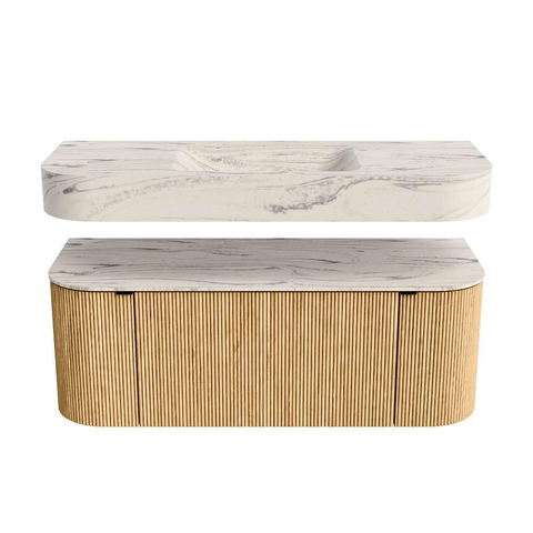 MONDIAZ THOR-DLUX 120cm badmeubel ronding links + rechts kleur Oak met 1 lade en 2 deuren. Vrijhangende wastafel CLOUD Midden zonder kraangat kleur Nata. SW1463346