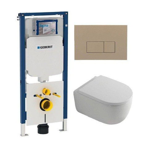 QeramiQ Dely Swirl Toiletset - 36.3x51.7cm - Geberit UP720 Duofix Sigma inbouwreservoir - 35mm zitting - bedieningsplaat taupe - rechthoekige knoppen - glans wit SW1413192