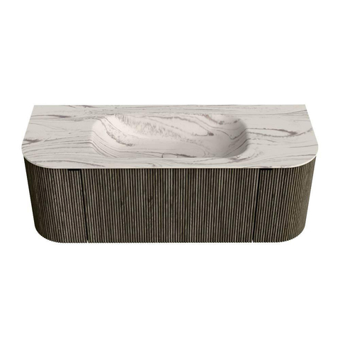 MONDIAZ KURVE-DLUX 120cm badmeubel ronding Links + Rechts kleur Shadow met 1 lade en 2 deuren. Wastafel BIG SMALL Midden 1 kraangat Nata. SW1432261