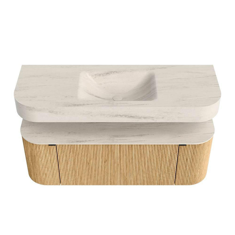 MONDIAZ THOR-DLUX 130cm meuble de salle de bains arrondi gauche + droite couleur Chêne avec 1 tiroir et 2 portes. Vasque suspendue CLOUD Centre sans trou de robinet couleur Meli. SW1463838