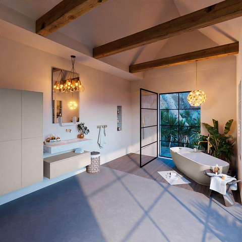 Mondiaz ALAN-DLUX Ensemble de meuble - 100cm - meuble Linen mat - 1 tiroir - Lavabo Cloud Opalo suspendu - vasque Droite - 0 trous de robinet SW806472