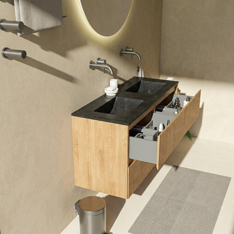 Saniclass Holz Atelier Badkamermeubelset - 120x45x62cm - Vygo keramische wastafel zwart - 2 wasbakken - zonder kraangaten - 4 lades - mat eiken natural (hout) SW1478981
