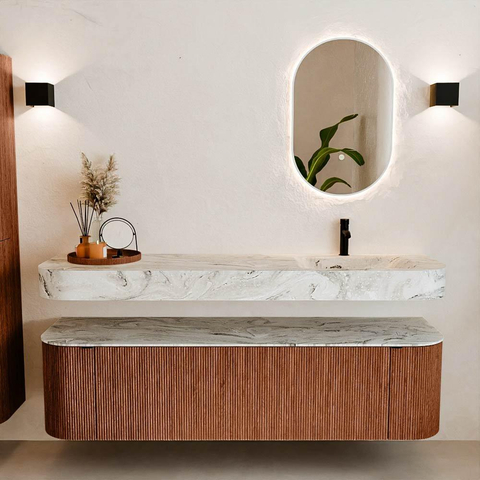 MONDIAZ THOR-DLUX Meuble de salle de bains 170cm arrondi gauche + droite couleur Ruby avec 1 tiroir et 2 portes. Vasque suspendue CLOUD Droite 1 trou de robinet couleur Glace. SW1465478