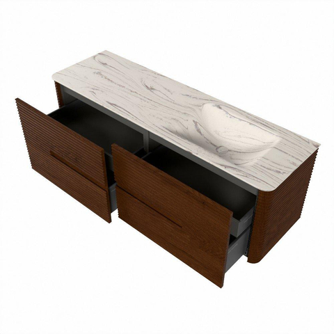 Mondiaz CIRO-DLUX Meuble de salle de bains - 150x45x50cm - Plan-vasque solid surface Nata - 1 vasque à droite - 1 trou de robinetterie - 4 tiroirs - Ruby SW1532054