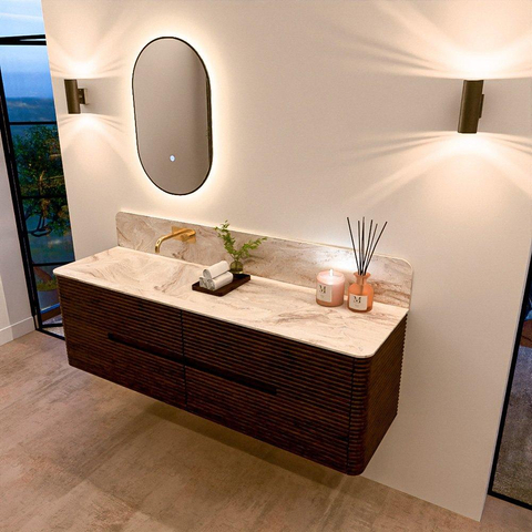 Mondiaz CIRO-DLUX Ensemble de meuble de salle de bains - 160x45x50cm - Plan vasque solid surface Frappe - 1 vasque à gauche - sans trous de robinet - 4 tiroirs - Noyer SW1530208