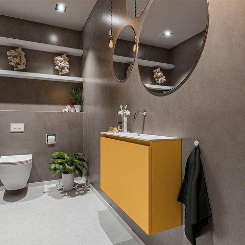 MONDIAZ TURE Toiletmeubel 80x23x50cm met 0 kraangaten 2 deuren ocher mat Wastafel Eden midden Solid Surface Wit SW475051