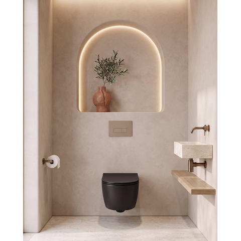 QeramiQ Dely Swirl Pack WC suspendu - 36.3x51.7cm - bâti-support Geberit UP320 - abattant 35mm - plaque de commande taupe - boutons rectangulaires - noir mat SW1164233