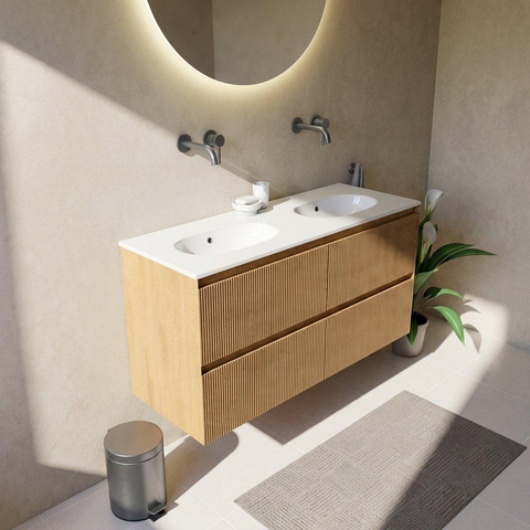 Saniclass Holz Atelier Badkamermeubelset - 120x45x74cm - Chaci keramische wastafel wit - 2 wasbakken - zonder kraangaten - 4 lades - mat eiken natural (hout) SW1478259