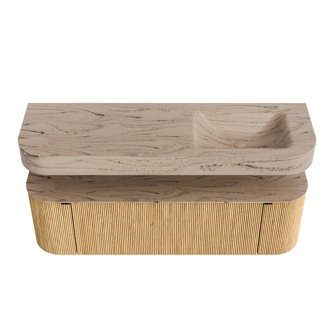 MONDIAZ THOR-DLUX 150cm badmeubel ronding links + rechts kleur Oak met 1 lade en 2 deuren. Vrijhangende wastafel CLOUD Rechts 1 kraangat kleur Arena. SW1464708