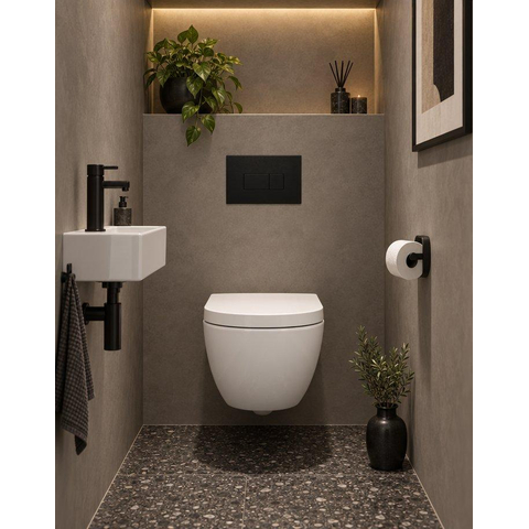 QeramiQ Dely Swirl Compact Toiletset - inbouwreservoir QeramiQ flush - 25mm zitting - metalen bedieningsplaat mat zwart- rechthoekige knoppen - glans wit SW1590595