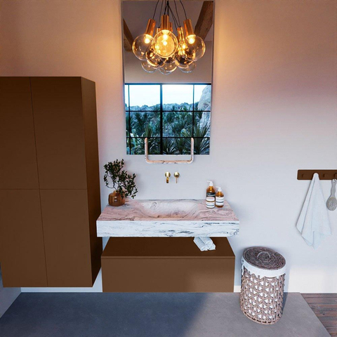 Mondiaz ALAN-DLUX Ensemble de meuble - 100cm - meuble Rust mat - 1 tiroir - Lavabo Cloud Glace suspendu - vasque Centre - 0 trous de robinet SW805678