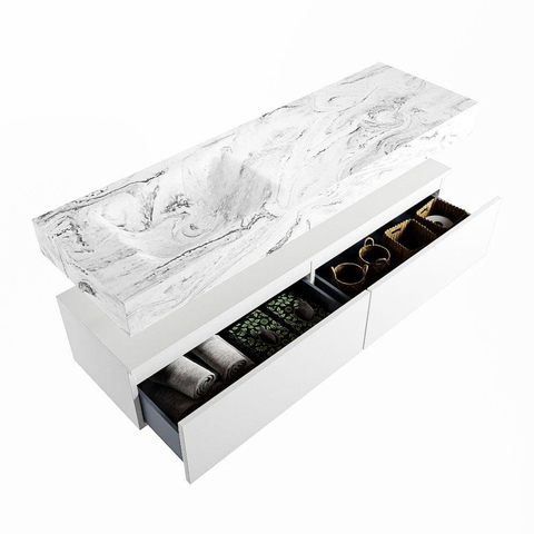 Mondiaz ALAN-DLUX Ensemble de meuble - 150cm - meuble Talc mat - 2 tiroirs - Lavabo Cloud Glace suspendu - vasque Gauche - 0 trous de robinet SW805648
