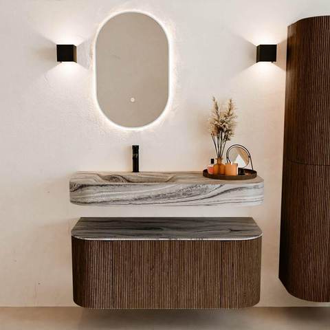 MONDIAZ THOR-DLUX Meuble de salle de bains 110cm arrondi gauche + droite couleur Walnut avec 1 tiroir et 2 portes. Vasque suspendue CLOUD Gauche 1 trou de robinet couleur Sombra. SW1463030