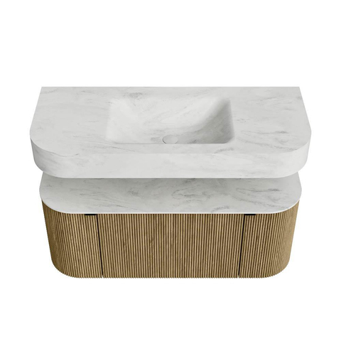 MONDIAZ THOR-DLUX Meuble de salle de bains - 110cm - arrondi gauche + droite - couleur Dusk - 1 tiroir - 2 portes - Vasque suspendue CLOUD Milieu 1 trou de robinet - couleur Opalo SW1462821