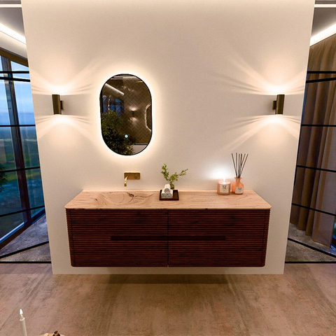 Mondiaz CIRO-DLUX Ensemble de meubles de salle de bains - 160x45x50cm - Plan-vasque solid surface Arena - 1 lavabo à gauche - sans trous de robinet - 4 tiroirs - Ruby SW1531715