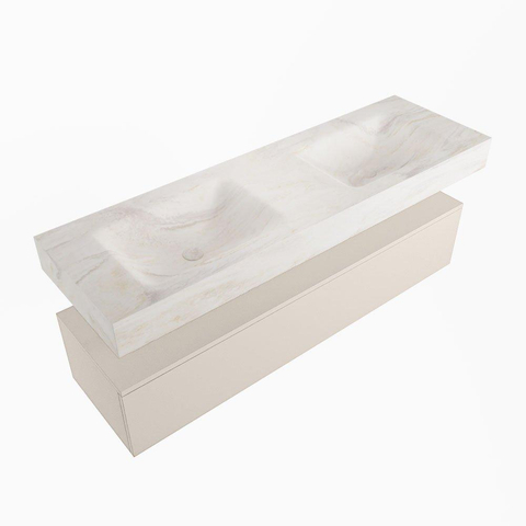Mondiaz ALAN-DLUX Ensemble de meuble - 150cm - meuble Linen mat - 1 tiroir - Lavabo Cloud Ostra suspendu - vasque gauche et droite - 2 trous de robinet SW807397