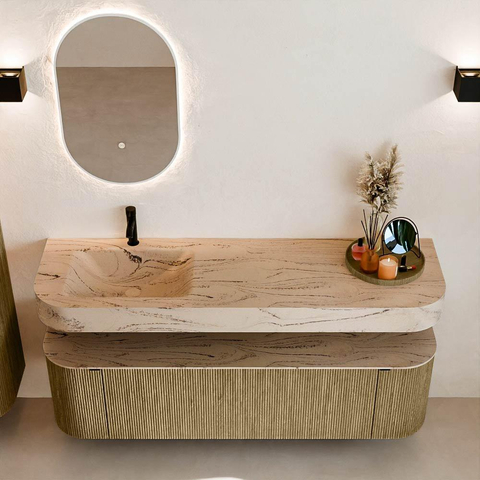 MONDIAZ THOR-DLUX 160cm meuble de salle de bains arrondi gauche + droite couleur Dusk avec 1 tiroir et 2 portes. Vasque suspendue CLOUD Gauche 1 trou de robinet couleur Arena. SW1465117