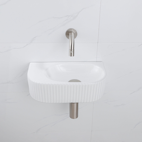 QeramiQ Fuente pack lave-mains – demi-rond – 40 x 21,5 x 12 cm – robinet inox brossé – cannelé SW1233102