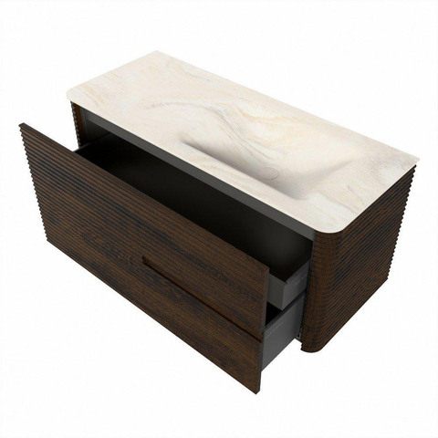 Mondiaz CIRO-DLUX Badkamermeubelset - 110x45x50cm - Solid surface wastafel Ostra - 1 wasbak Rechts - zonder kraangaten - 2 lades - Walnut SW1530343