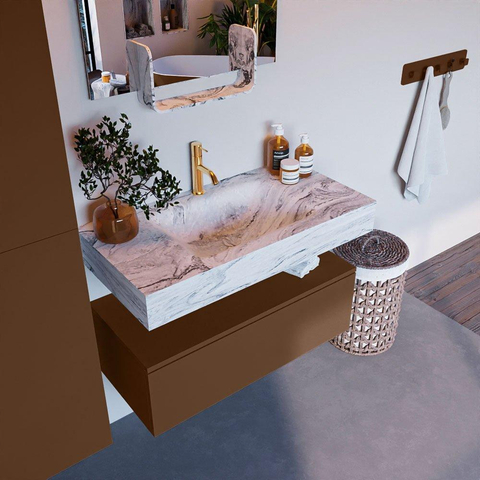 MONDIAZ ALAN - DLUX Ensemble meuble de salle de bains - 90cm - meuble bas - Rust - 1 tiroir - lavabo suspendu - vasque au centre - 1 trou de robinet - Glace SW805838