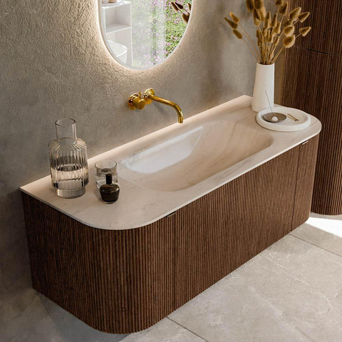 MONDIAZ KURVE-DLUX 120cm badmeubel ronding Links + Rechts kleur Walnut met 1 lade en 2 deuren. Wastafel BIG SMALL Midden zonder kraangat Meli. SW1431680