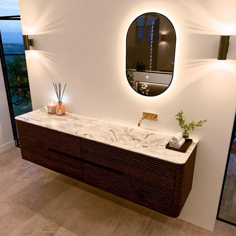 Mondiaz CIRO-DLUX Meuble de salle de bains - 190x45x50cm - plan-vasque en Solid surface Glace - 1 lavabo à droite - sans trous de robinetterie - 4 tiroirs - Noyer SW1530129