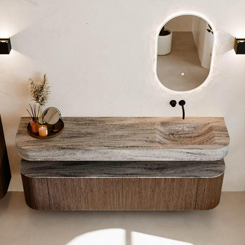 MONDIAZ THOR-DLUX 180cm badmeubel ronding links + rechts kleur Walnut met 2 lades en 2 deuren. Vrijhangende wastafel CLOUD Rechts zonder kraangat kleur Oza. SW1466291