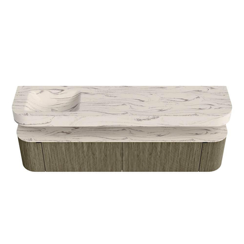 MONDIAZ THOR-DLUX 200cm meuble de salle de bains arrondi gauche + droite couleur Shadow avec 2 tiroirs et 2 portes. Vasque suspendue CLOUD Gauche sans trou de robinet couleur Nata. SW1467182