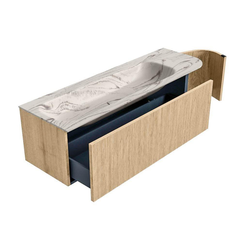 MONDIAZ KURVE-DLUX 145cm meuble de salle de bains arrondi Droite couleur Oak avec 1 tiroir et 1 porte. Lavabo BIG LARGE Gauche 2 trous de robinet Nata. SW1432108