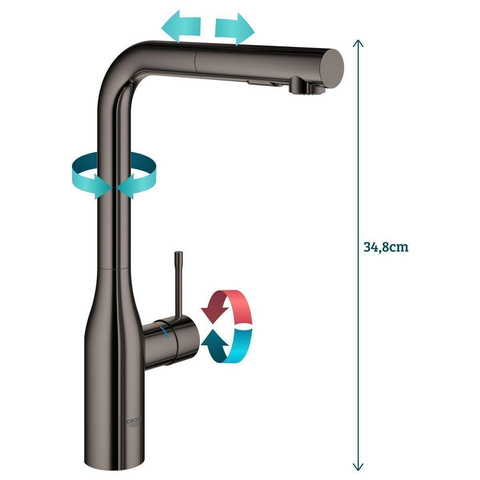 GROHE essence new robinet de cuisine avec mousseur extractible douchette pivotant 360° Hard graphite brillant (anthracite) SW97571