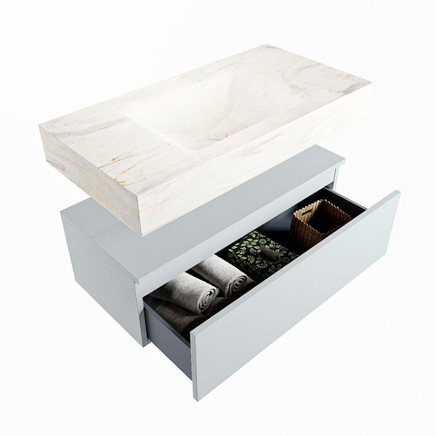 Mondiaz ALAN-DLUX Ensemble de meuble - 90cm - meuble Clay mat - 1 tiroir - Lavabo Cloud Ostra suspendu - vasque Centre - 0 trous de robinet SW807949