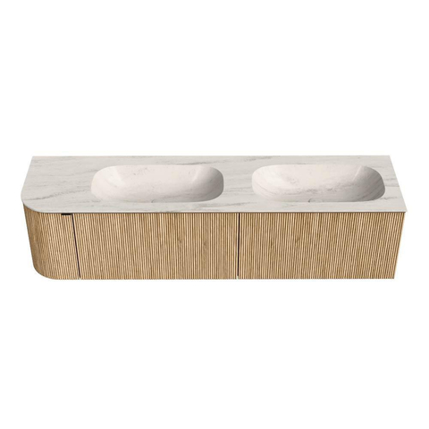 MONDIAZ KURVE-DLUX 175cm badmeubel ronding Links kleur Oak met 2 lades en 1 deur. Wastafel STOR SMALL Dubbel / Rechts zonder kraangat Meli. SW1431668