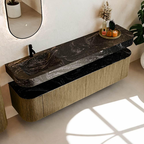 MONDIAZ THOR-DLUX Meuble de salle de bains 190cm arrondi gauche + droite couleur Dusk avec 2 tiroirs et 2 portes. Vasque suspendue CLOUD Gauche 1 trou de robinet couleur Lava. SW1466474