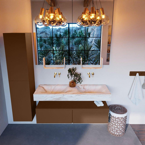 Mondiaz ALAN-DLUX Ensemble de meuble - 130cm - meuble Rust mat - 2 tiroirs - Lavabo Cloud Frappe suspendu - vasque Gauche et droite - 0 trous de robinet SW804800