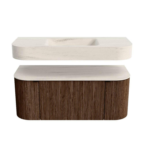 MONDIAZ THOR-DLUX 110cm meuble de salle de bains arrondi gauche + droite couleur Walnut avec 1 tiroir et 2 portes. Vasque suspendue CLOUD Milieu sans trou de robinet couleur Meli. SW1462915