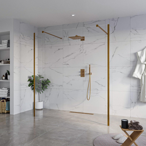 FugaFlow Eccelente Vetro Douche à l'italienne libre - 180x200cm - Clair - anti-calcaire - verre de sécurité 8mm - 2 parois latérales 30cm - avec bras muraux et profils d'angle - Cuivre brossé - SW1125775