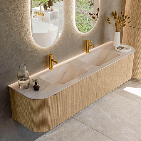 MONDIAZ KURVE-DLUX Meuble de salle de bains 180cm arrondi gauche + droite couleur chêne avec 2 tiroirs et 2 portes. Lavabo LEAF Double 2 trous de robinet Meli. SW1431640