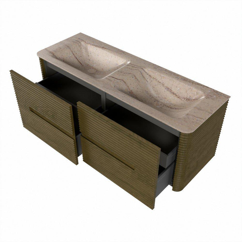 Mondiaz CIRO-DLUX Meuble de salle de bains - 130x45x50cm - Plan vasque Solid surface Saba - 2 vasques Double - sans trous de robinet - 4 tiroirs - Dusk SW1533821