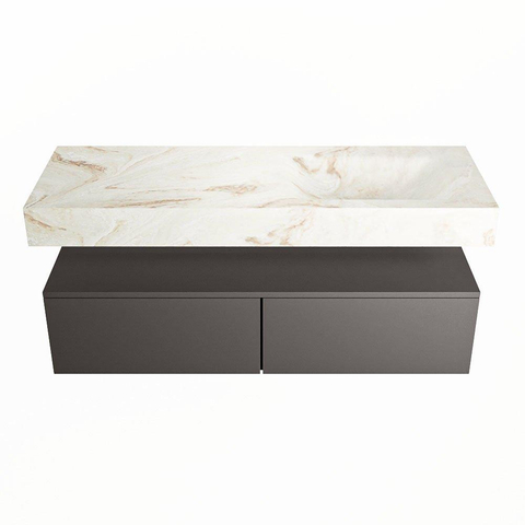 Mondiaz ALAN-DLUX Ensemble de meuble - 130cm - meuble Dark grey mat - 2 tiroirs - Lavabo Cloud Frappe suspendu - vasque Droite - 0 trous de robinet SW804864