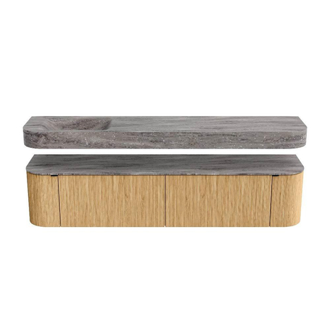 MONDIAZ THOR-DLUX 200cm meuble de salle de bains arrondi gauche + droite couleur Oak avec 2 tiroirs et 2 portes. Vasque suspendue CLOUD gauche sans trou de robinet couleur Oza. SW1467717