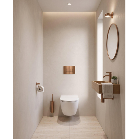 Pack WC QeramiQ Dely Swirl Compact - réservoir encastrable Geberit UP320 - avec bâti-support Burda - abattant slim - plaque de commande en métal cuivre - boutons rectangulaires - blanc brillant SW1592293