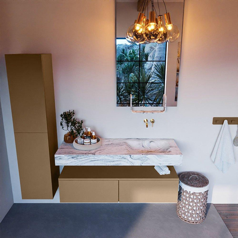 Mondiaz ALAN-DLUX Ensemble de meuble - 130cm - meuble Oro mat - 2 tiroirs - Lavabo Cloud Glace suspendu - vasque Droite - 0 trous de robinet SW806270