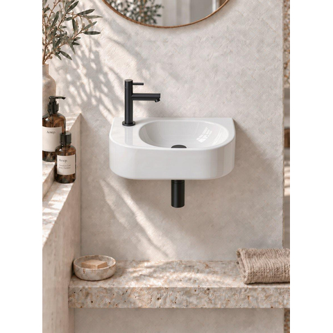 QeramiQ Fuente fonteinset – halfrond – 40x21.5x12 cm – keramiek wit glans – kraangat links – mat zwarte kraan SW1232790
