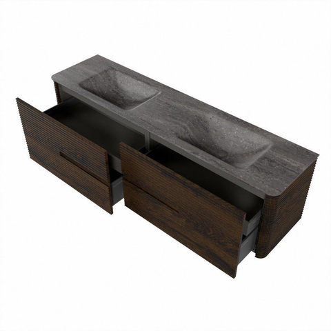 Mondiaz CIRO-DLUX Badkamermeubelset - 180x45x50cm - Solid surface wastafel Oza - 2 wasbak Dubbel - zonder kraangaten - 4 lades - Walnut SW1530652