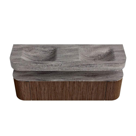 MONDIAZ THOR-DLUX 160cm meuble de salle de bains arrondi gauche + droite couleur Walnut avec 1 tiroir et 2 portes. Vasque suspendue CLOUD Double 2 trous de robinet couleur Oza. SW1465303