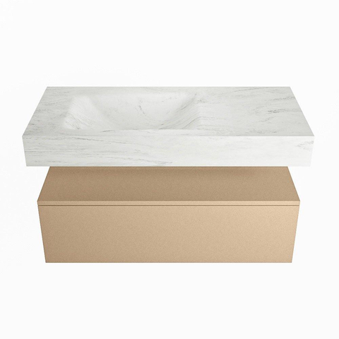 Mondiaz ALAN-DLUX Ensemble de meuble - 100cm - meuble Oro mat - 1 tiroir - Lavabo Cloud Opalo suspendu - vasque Gauche - 0 trous de robinet SW806877